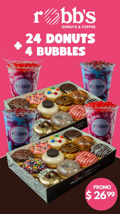 Cuatroferta Clásica 24 Donuts + 4 Frappes Bubbles